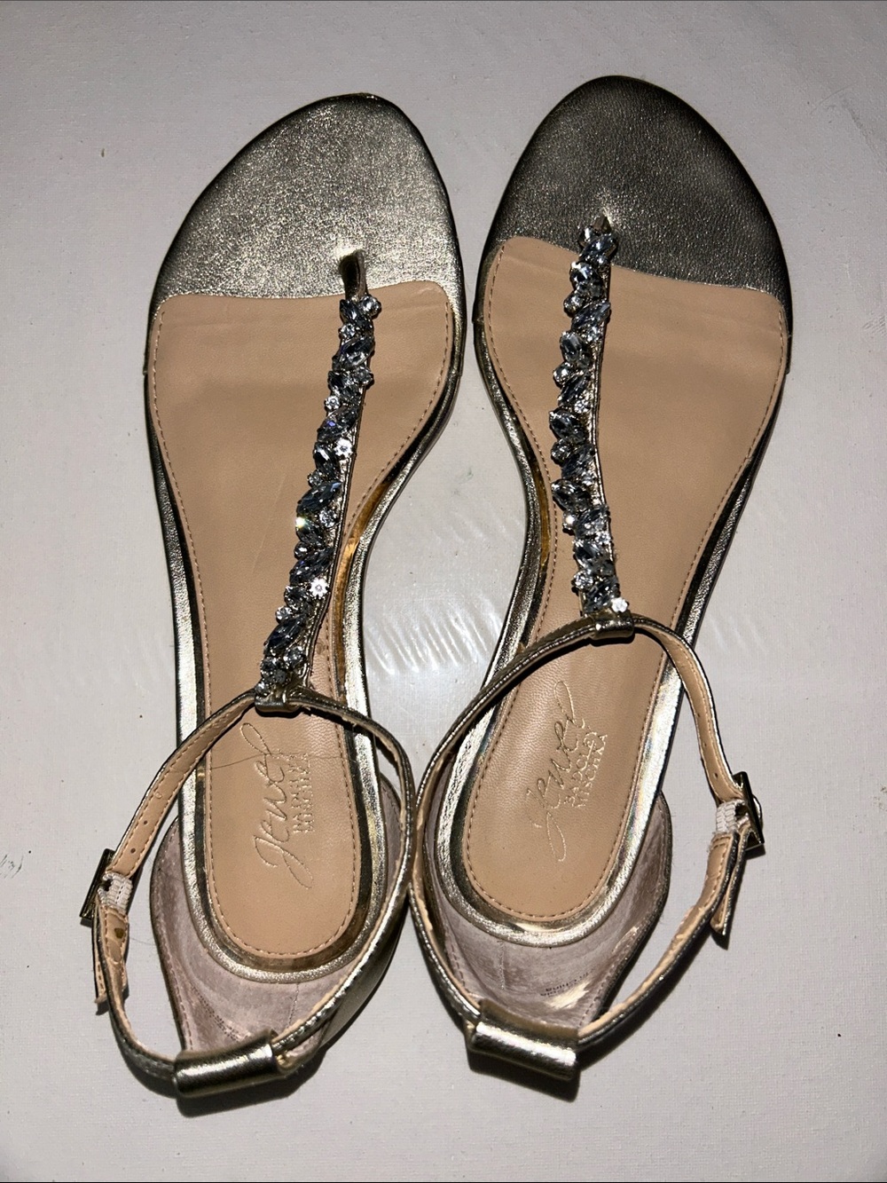 Jewel Badgley Mischka Carrol Gold and Nude Jeweled T-Strap Sandals